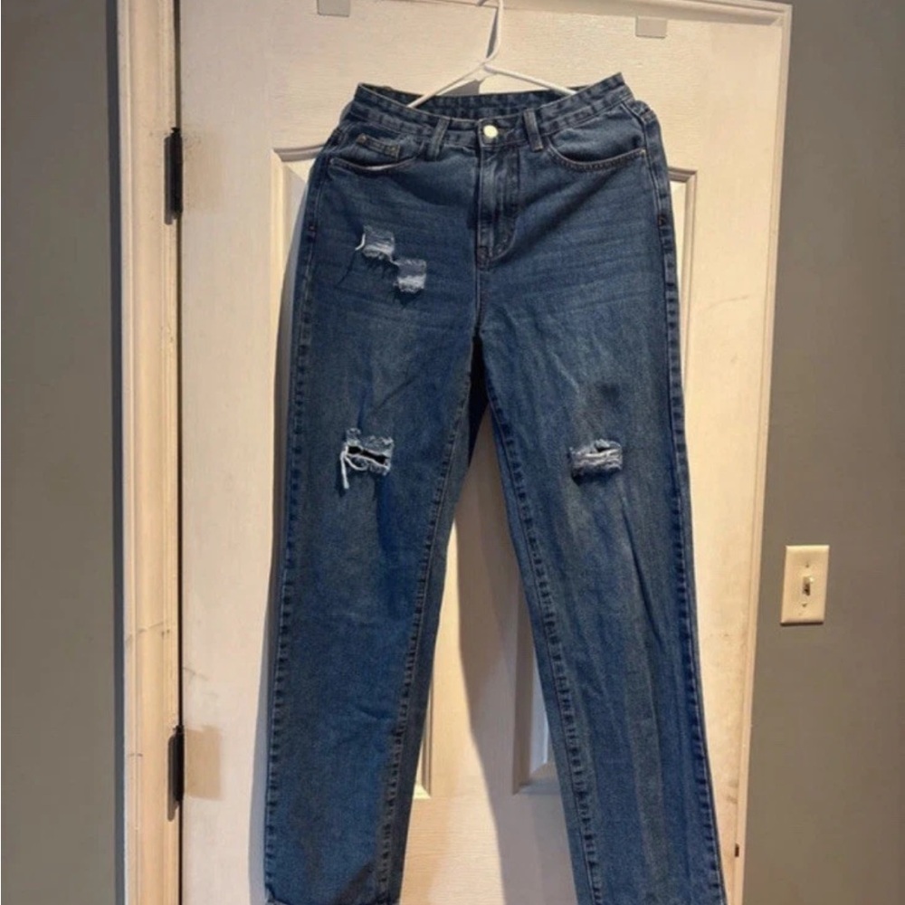 SHEIN Dark Blue Ripped Straight Leg Jeans